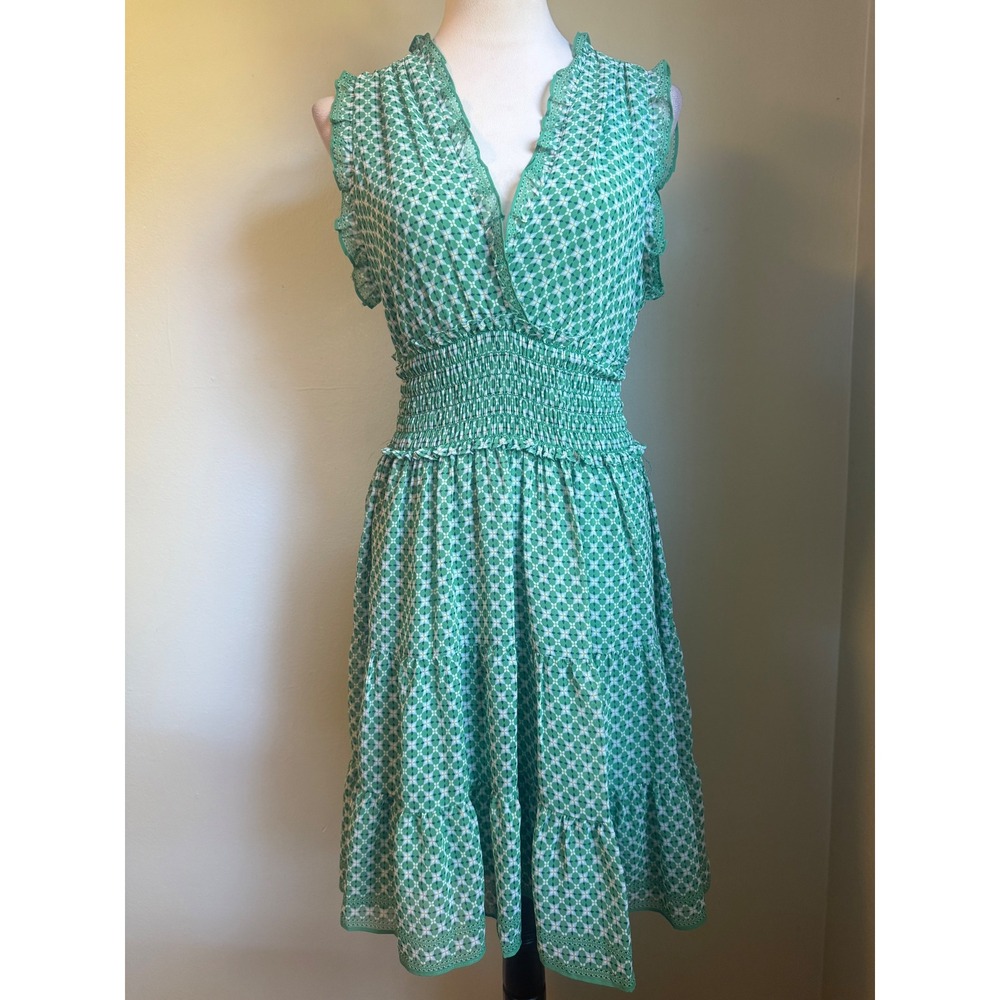 Max Studio Green White Floral Smocked  Tiered Mini  Dress cottage fairy resort M